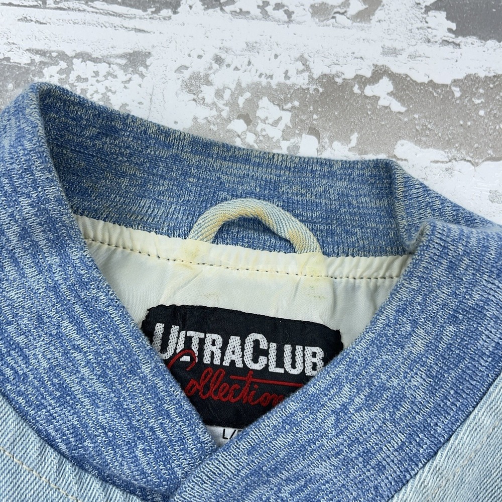 Vintage Denim Jacket Men Large Blue Tan Varsity Letterman Bomber 90s Y2K Work - Picture 7 of 14